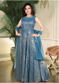 Crystal Blue Color Art Silk Designer Gown